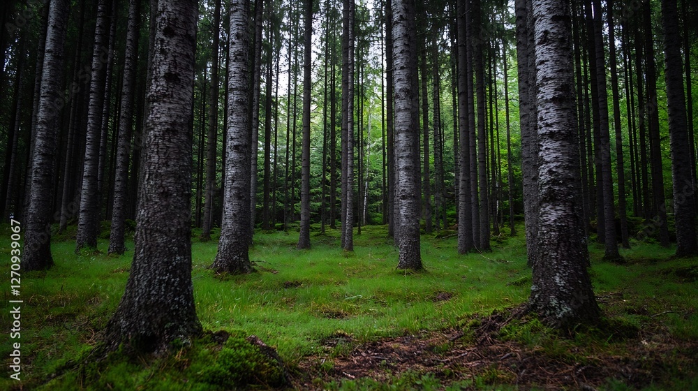 Poster Mysterious and serene view of tall pine trees in a lush green forest in soft natural light : Generative AI