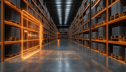Fototapeta premium Efficient E-commerce Logistics Warehouse with Digital Network Overlay