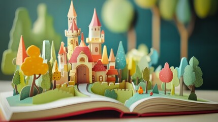 Pop-up kids' book with interactive 3D elements, bringing a fairy tale scene to life, creative and fun reading experience.