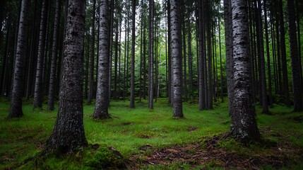 Obraz premium Mysterious and serene view of tall pine trees in a lush green forest in soft natural light : Generative AI