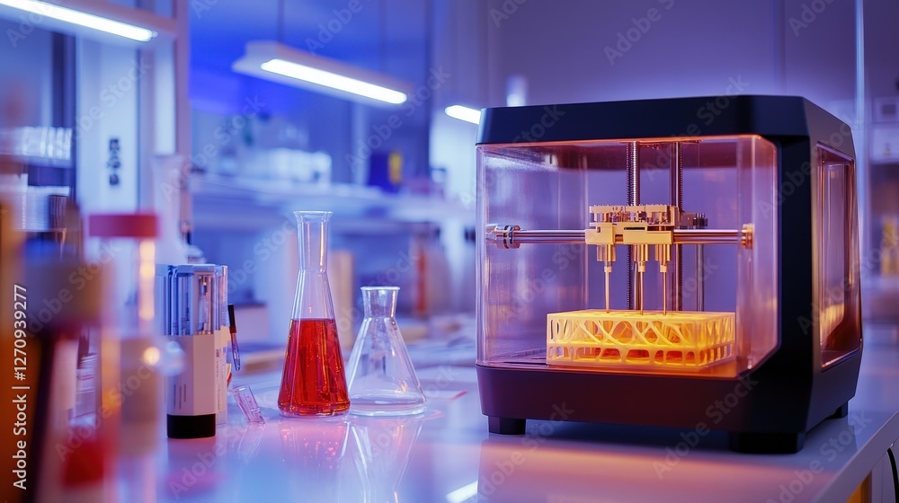 Poster a scene inside a laboratory with a 3d printer being used to create scientific equipment and devices.