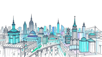 Fototapeta premium Cityscape Sketch Cooltoned Urban Panorama with Architectural Details