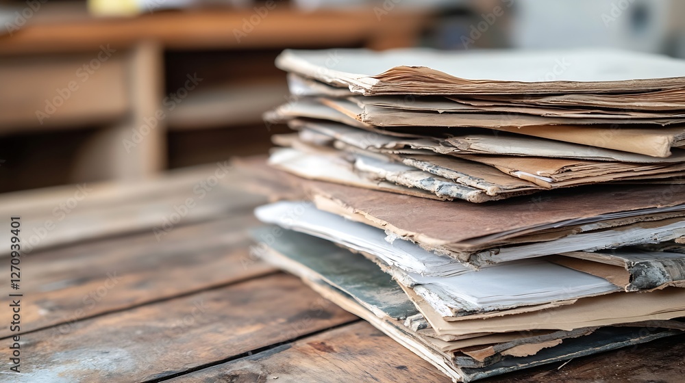Poster Stack of old and worn papers resting on a wooden table in a cozy indoor environment : Generative AI
