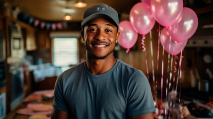 Fototapeta premium Smiling african american man celebrating birthday portrait image. Black guy with balloons picture photorealistic photography. Holiday event at home concept photo realistic