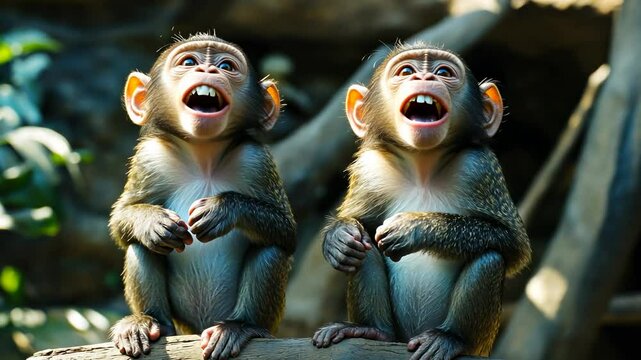 Two baby monkeys yawning on a branch in a zoo