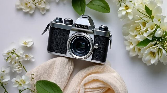 Vintage camera on white surface with flowers and knit fabric