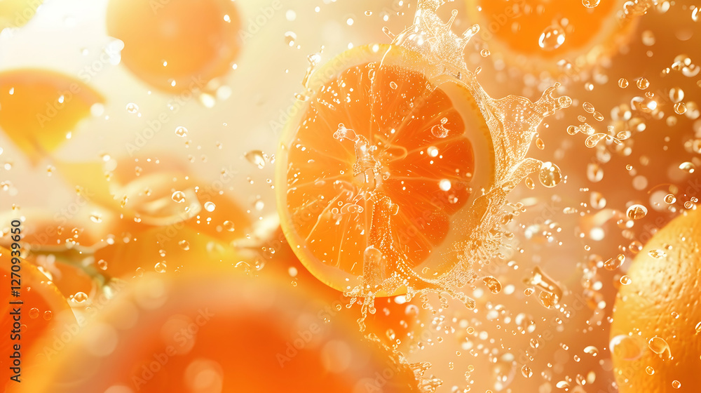 Poster fresh orange slices splashing in water, creating a vibrant and refreshing scene