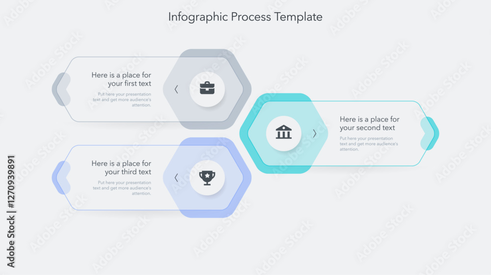 Fototapete Modern diagram with three options with icons and a place for your text. Flat infographic process template for website, marketing or promotion.