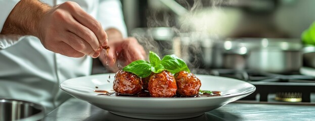 Chef preparing meatballs, kitchen background, food plating, restaurant