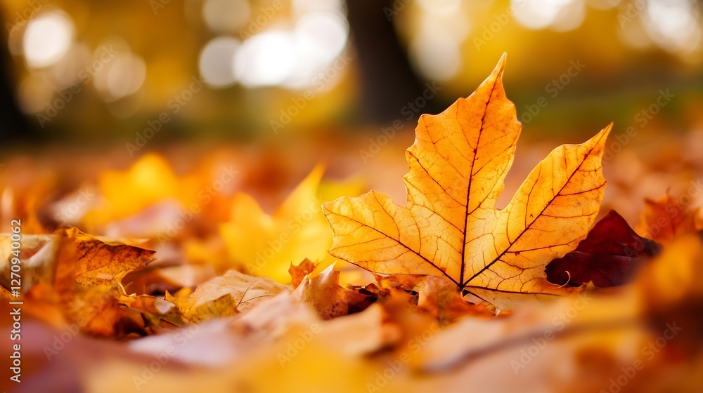 Poster close up of vibrant autumn leaves scattered on the ground creating a warm fall atmosphere : generati