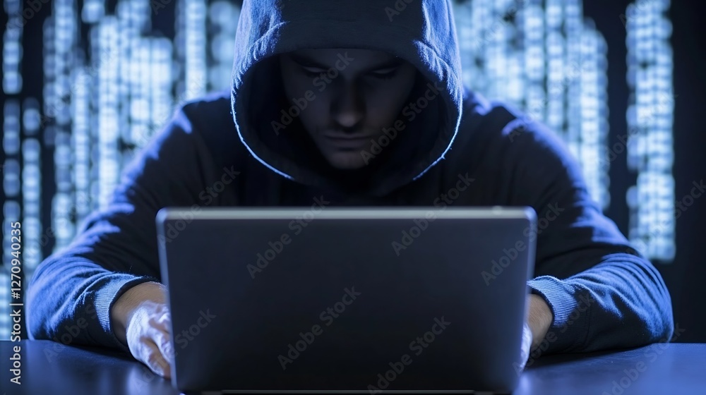 Poster Mysterious hooded figure working on a laptop in a dark room illuminated by glowing digital data : Generative AI