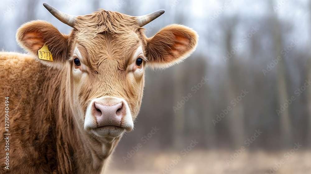 Poster Close up of a curious brown cow with large ears and gentle expression in a farm setting : Generative AI