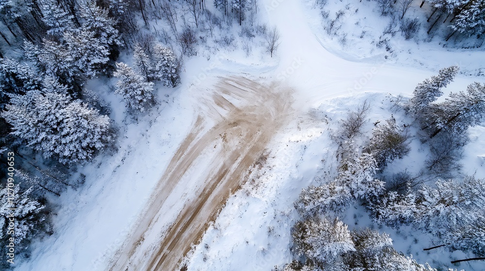 Poster Aerial View of a Snowy Landscape with Road and Trees Creating a Winter Wonderland Scene : Generative AI