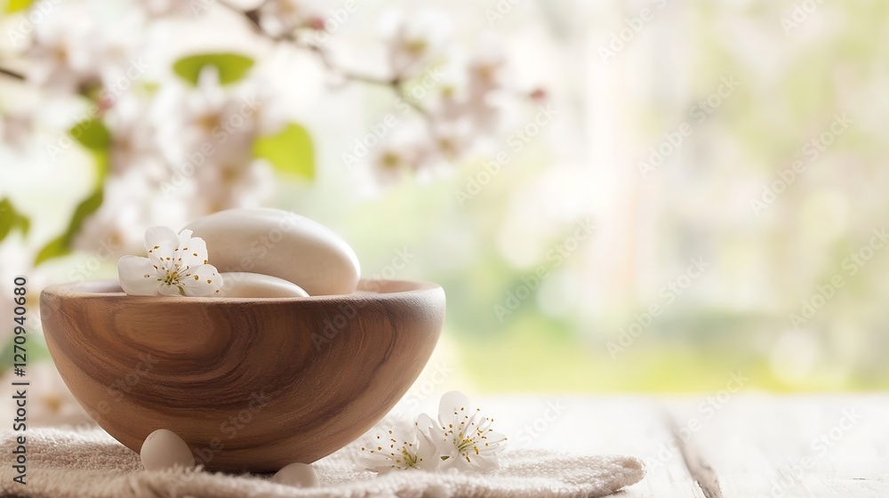 Fototapete natural spa scene with smooth pebbles and delicate flowers creating a serene and calming atmosphere 
