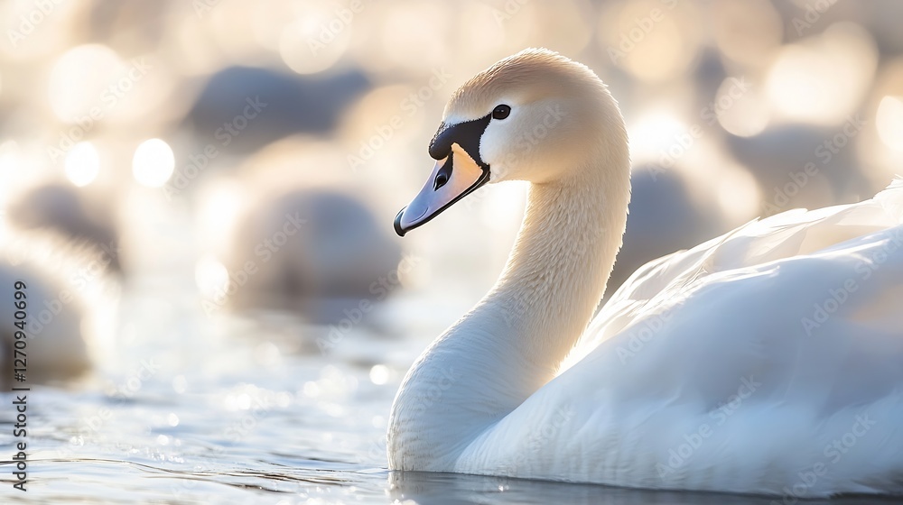Poster close up of an elegant swan swimming in a tranquil lake with a blurred dreamy background of other bi