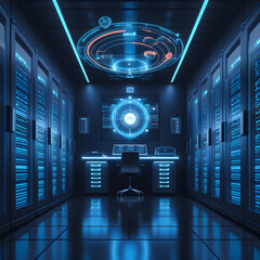 This digital artwork showcases a high-tech, futuristic server room illuminated by striking neon blue lighting. Rows of glowing server racks extend into the distance, while a sleek,