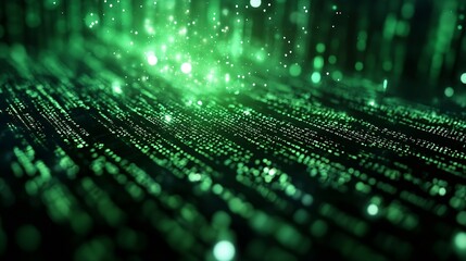 Abstract digital background featuring glowing green binary code representing data flow and technology : Generative AI