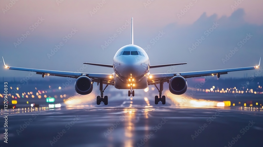 Poster airplane taking off from the runway with lights shining brightly during twilight capturing the excit