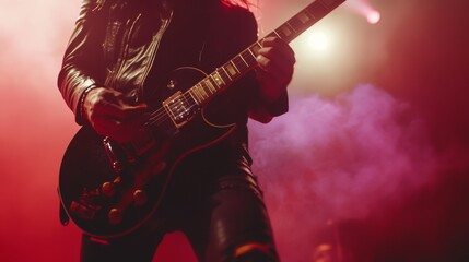 Obraz premium Rock concert guitarist, live music performance, stage lights, black guitar focus