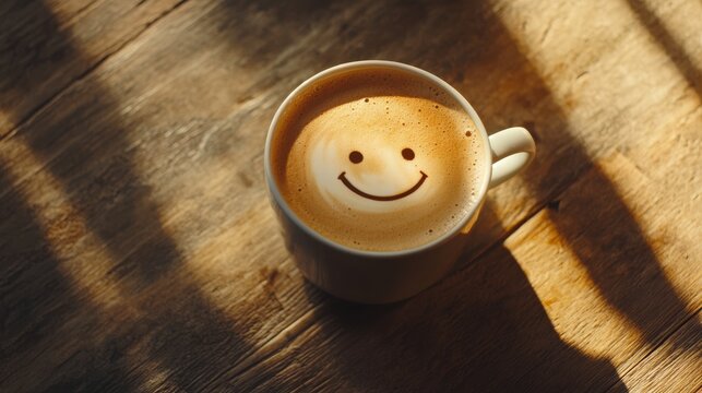 Coffee cup with smiley foam, morning sunlight, rustic table, happy coffee, cozy morning vibes