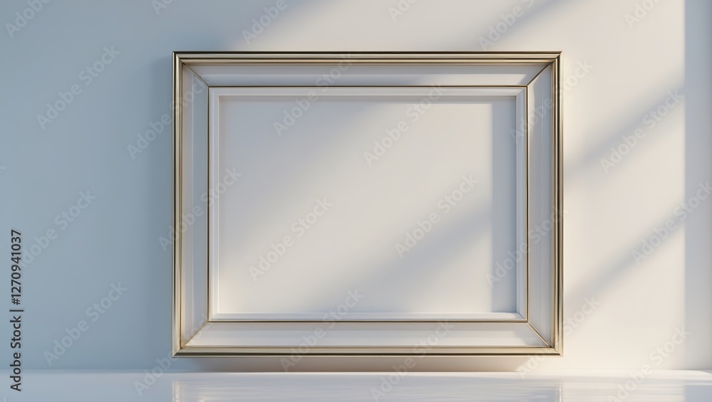 Poster empty picture frame on a minimalist wall with soft shadows highlighting its structure