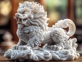 a intricately carved black lion statue with detailed patterns and symbols, possibly of Chinese origin, set against a blurred background with soft lighting.