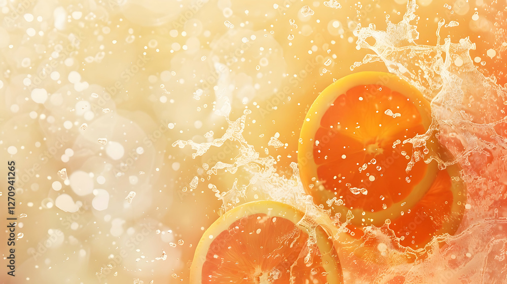 Poster fresh orange slices splashing in vibrant juice with bubbles and a soft gradient background