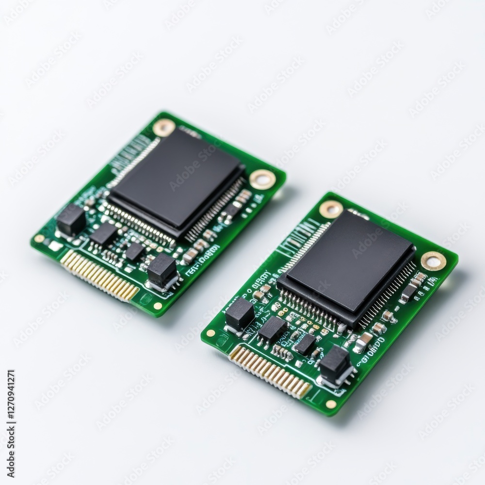 Poster two circuit boards with microchips on a white background for technology and innovation concepts