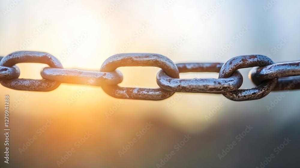 Poster closeup of an ancient rusty chain glistening in soft sunlight on a blurred background : generative a