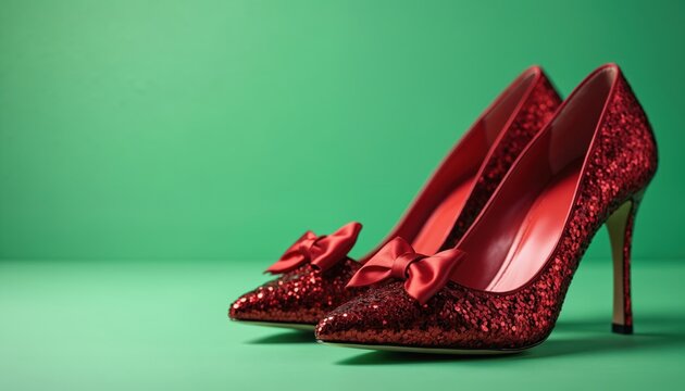 Shiny ruby red shoes with bows, on emerald green background. Sparkly slippers close up. Vintage glamour, hollywood style footwear for fashion, holiday sale ads with copyspace.