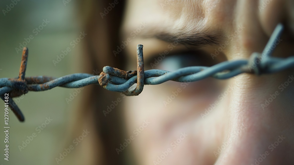 Poster close up perspective of a face with intense eyes behind rusty barbed wire highlighting deep emotions