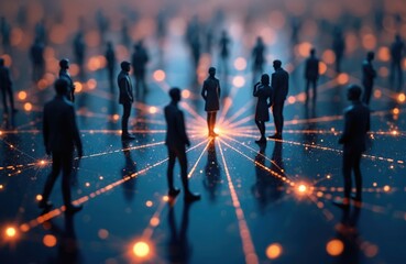 Silhouettes of business people stand on futuristic network. Teamwork, human resources concept. Global corporate network. Digital connections between employees. Tech, communication, success,