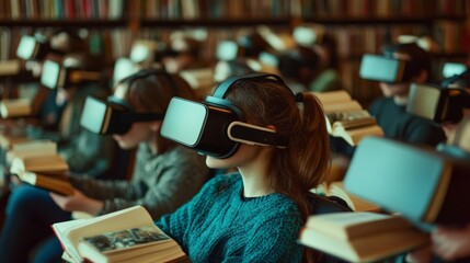Virtual reality Book Day event, where people put on VR headsets to experience books in an immersive way, futuristic reading.