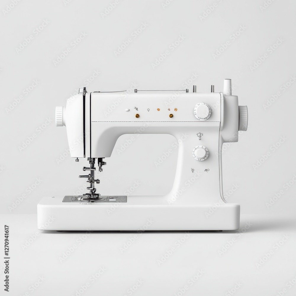 Poster modern white sewing machine with simple controls on neutral background for crafting and tailoring pr