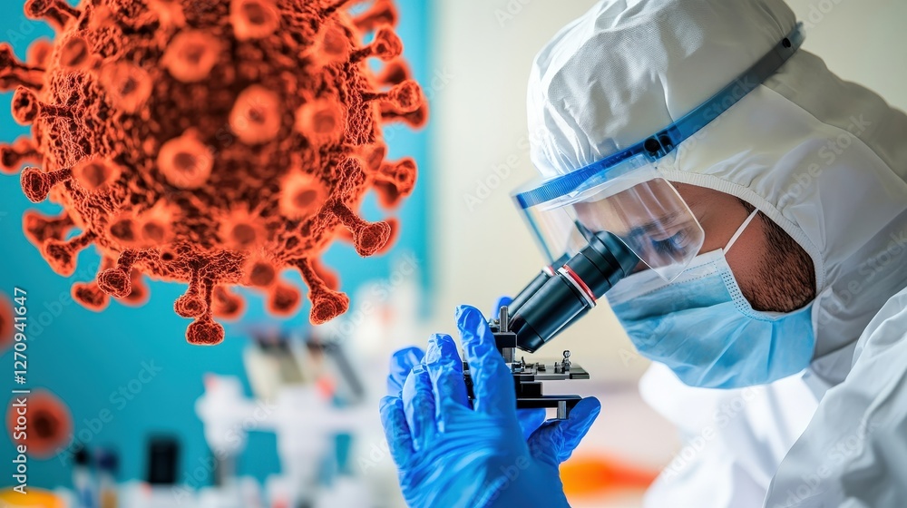 Poster a scientist in a laboratory analyzing samples related to covid-19 under a microscope.