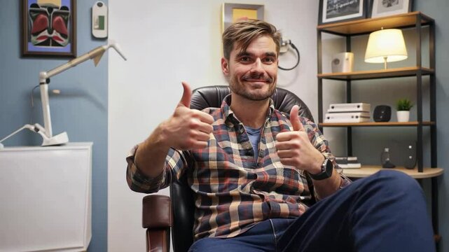 Handsome man gives thumbs-up while seated in a donor chair, smiling at the camera. World Blood Donor Day