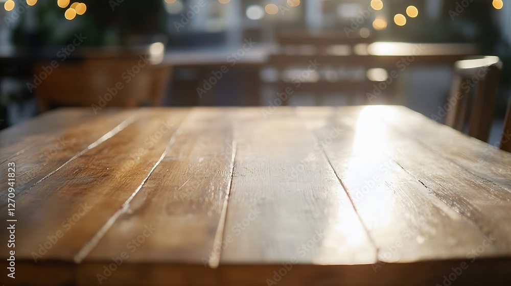 Poster a closeup view of a wooden table with warm reflections creating a calm atmosphere : generative ai