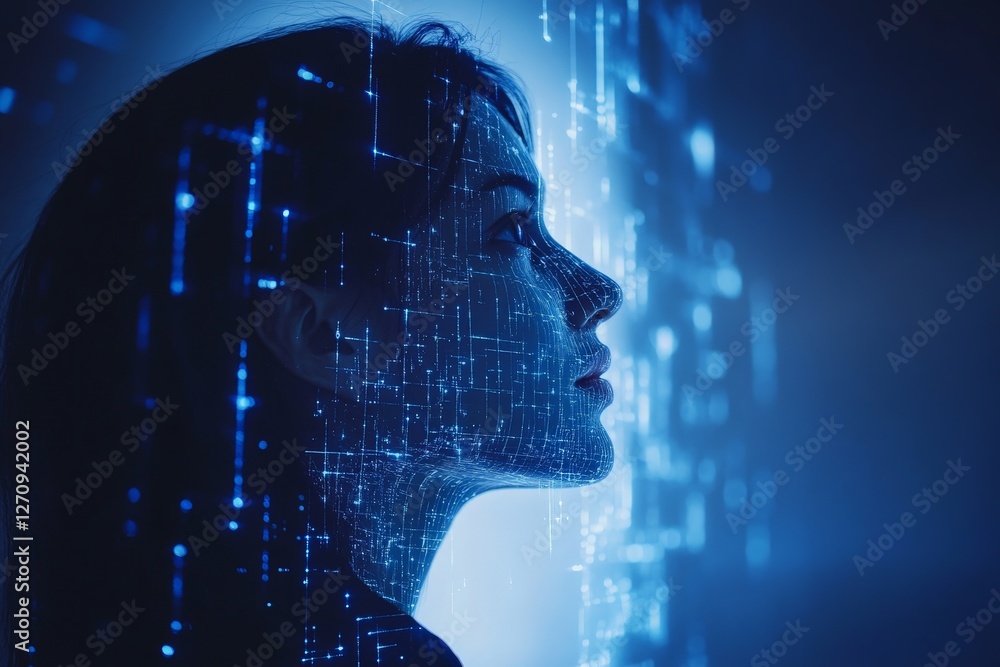 Aufkleber woman's silhouette with digital data projections creating an immersive visual experience in a futuri