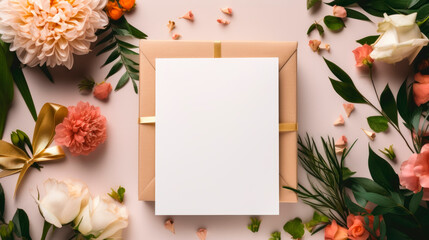 Gift box with blank card among flowers banner background copy space. Mother day composition image backdrop empty. Holiday party celebration concept composition top view, copyspace