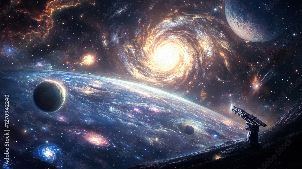 Poster a scientist using a high-powered telescope to observe distant galaxies, capturing stunning images of