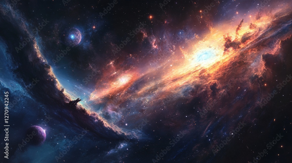 Poster a scientist using a high-powered telescope to observe distant galaxies, capturing stunning images of