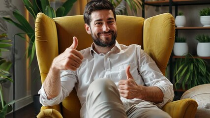 Cheerful man on a donor chair, showing thumbs-up to the camera with a joyful expression. World Blood Donor Day