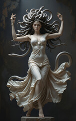 Ai generative contemporary art in the form of stone sculpture is Greek and Roman art, conveying the beauty and danger of a young woman who looks graceful and calm, but her hair is snakes like Medusa.