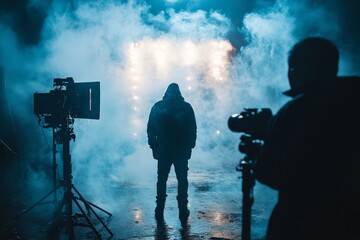 Fototapeta premium Dark silhouette of a person standing in a foggy environment with bright lights during a film shoot