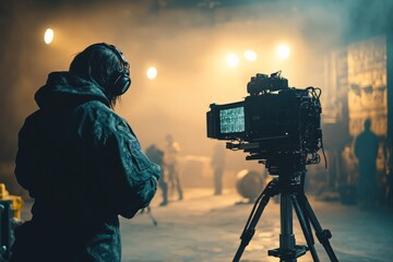 Fototapeta premium Crew member operates camera in a dimly lit studio during a film shoot at night