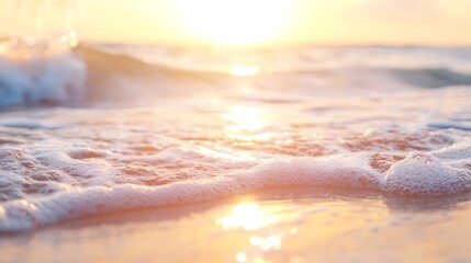 Beautiful sunset waves reflect golden light on serene beach shore at dusk : Generative AI