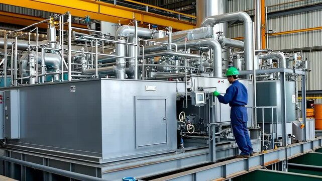 Worker operating industrial machinery inside factory with complex pipe system