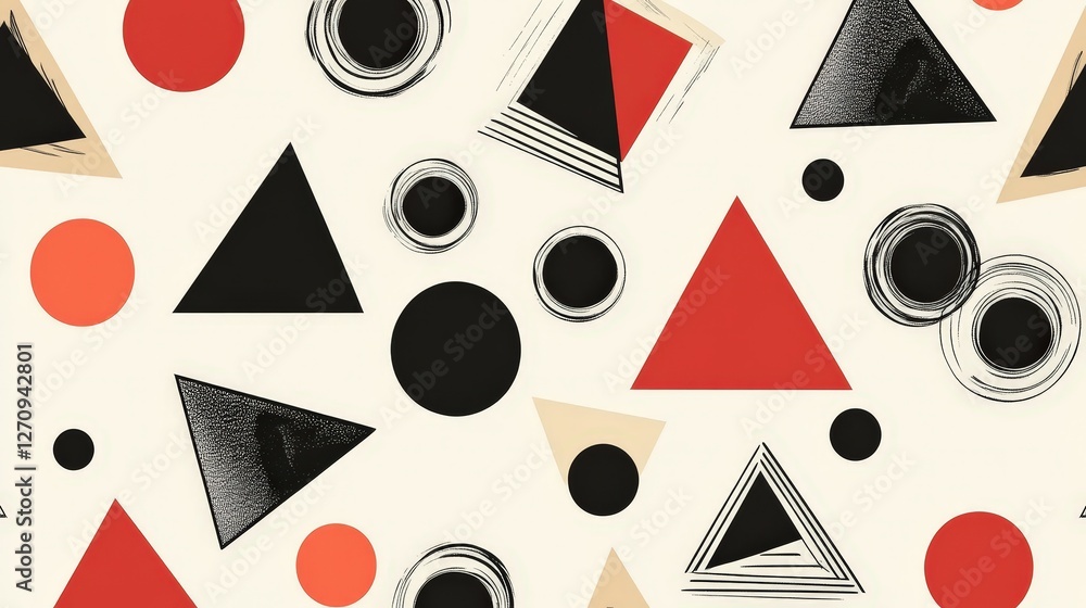 Poster a seamless geometric pattern featuring bold triangles and circles in contrasting colors, creating a 