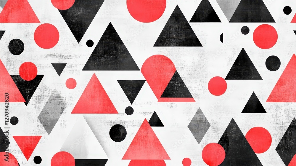 Poster a seamless geometric pattern featuring bold triangles and circles in contrasting colors, creating a 