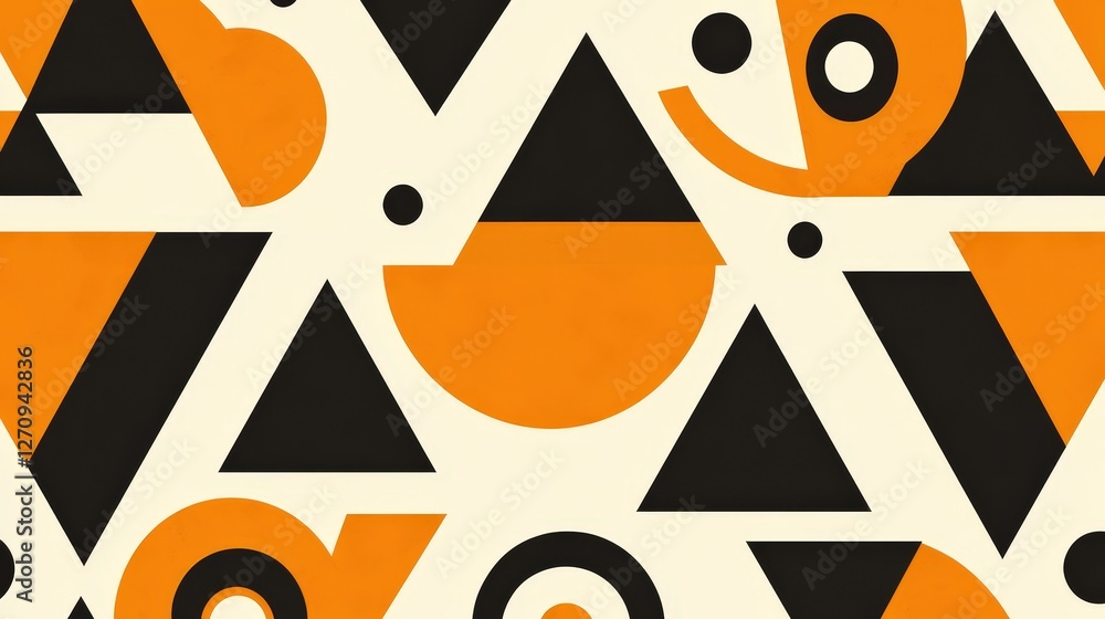 Poster a seamless geometric pattern featuring bold triangles and circles in contrasting colors, creating a 